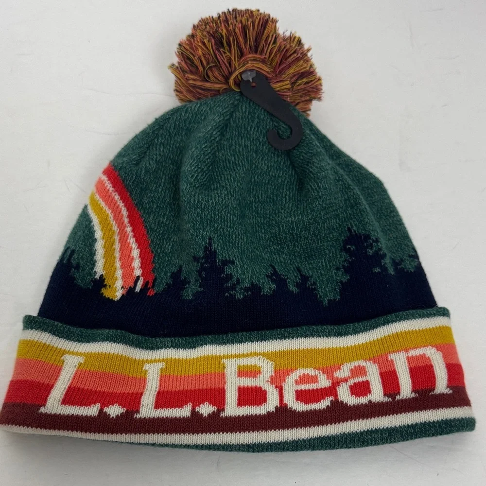 L.L. Bean NWT Scenic Knit Beanie Pom Hat Trees Rainbow Stripe - Picture 1 of 6